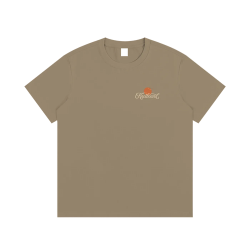 Beige t-shirt with a logo on a white background