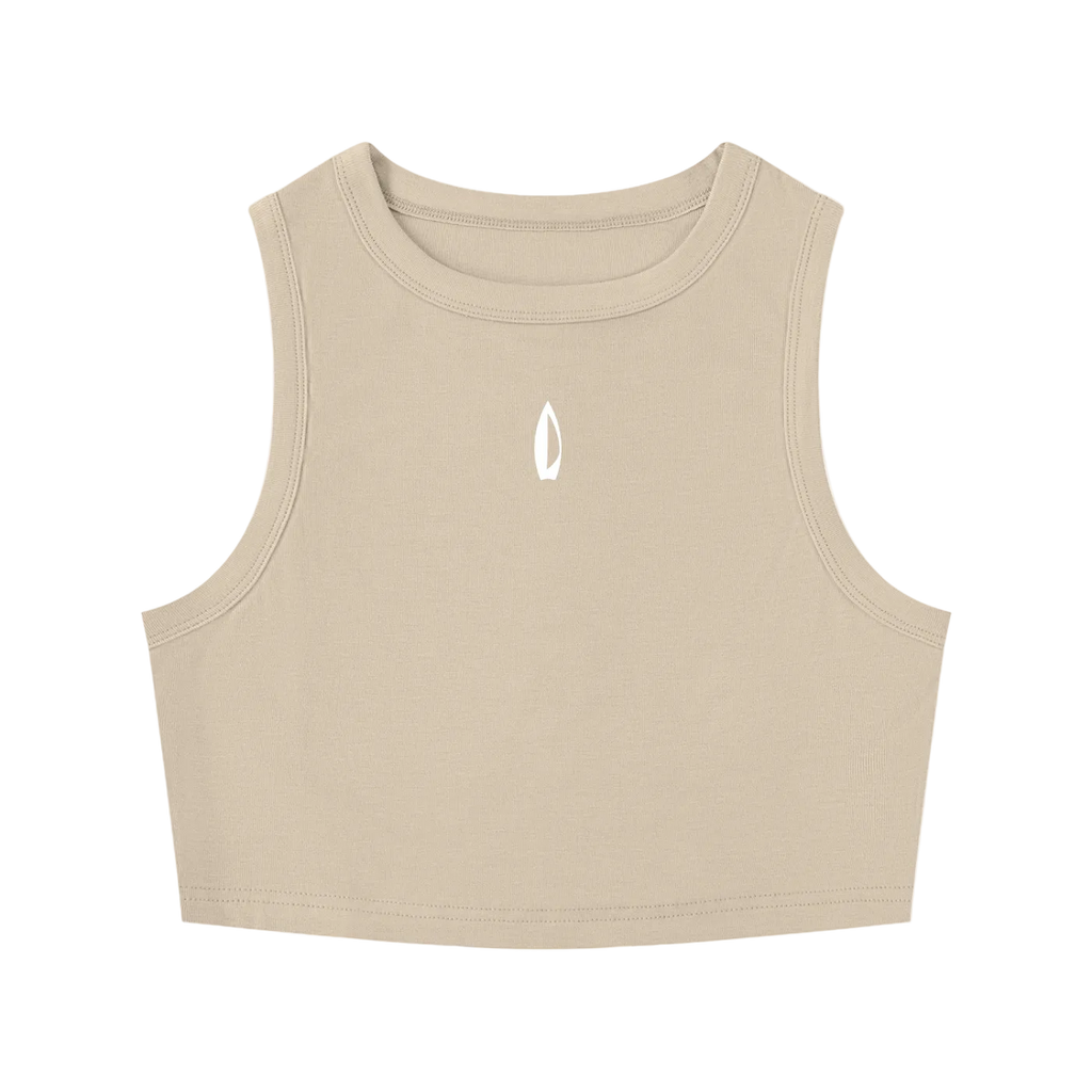 Beige cropped crewneck tank top with a small chest logo, shown flat against a white background.