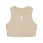 Beige cropped crewneck tank top with a small chest logo, shown flat against a white background.