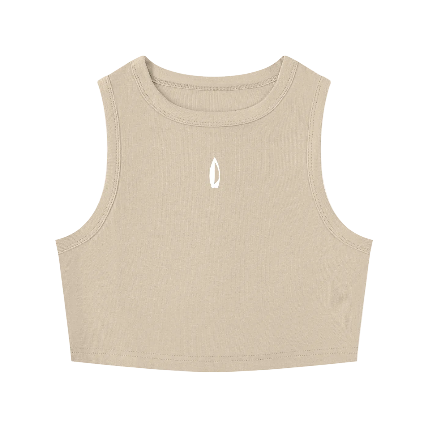 Beige cropped crewneck tank top with a small chest logo, shown flat against a white background.