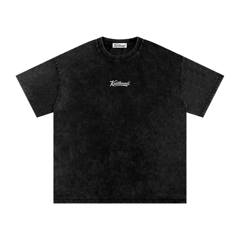 Black t-shirt with a white design on a white background