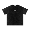 Black t-shirt with a white design on a white background