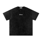 Black t-shirt with a white design on a white background