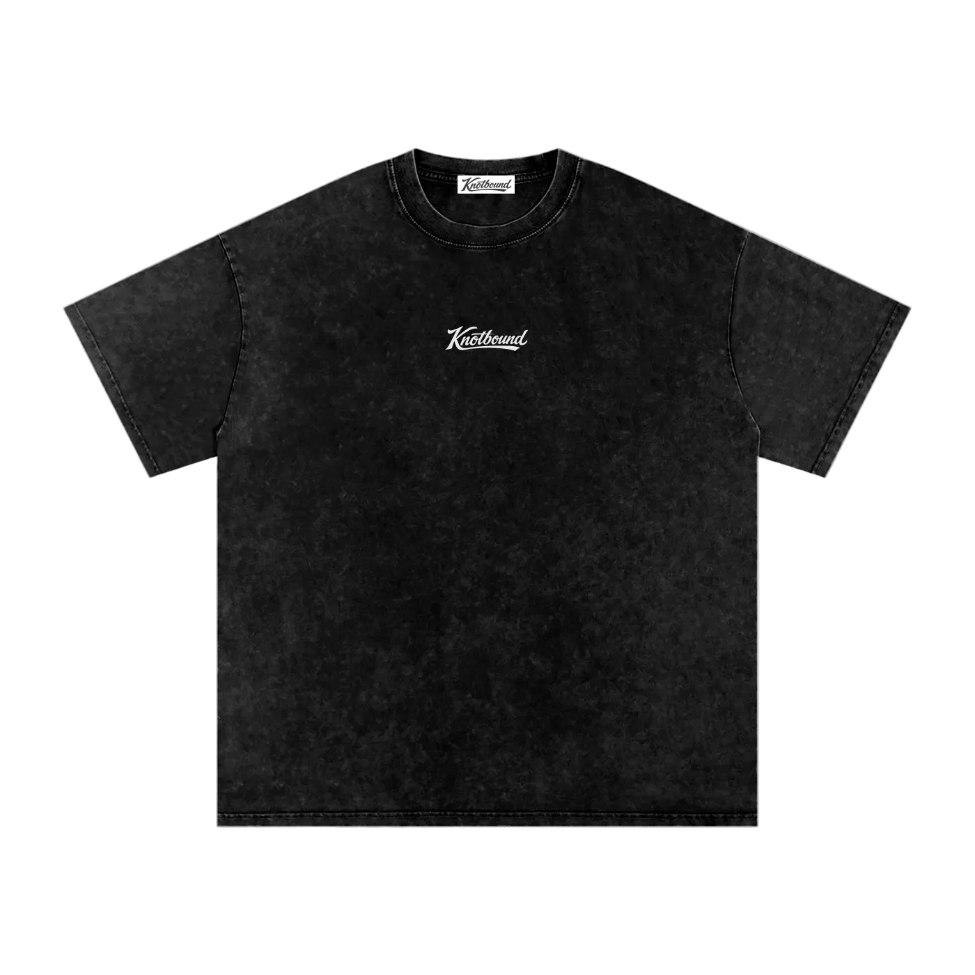 Black t-shirt with a white design on a white background