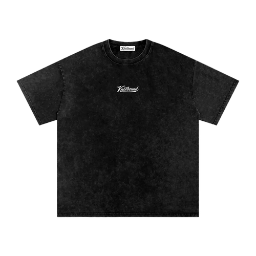 Black t-shirt with a white design on a white background