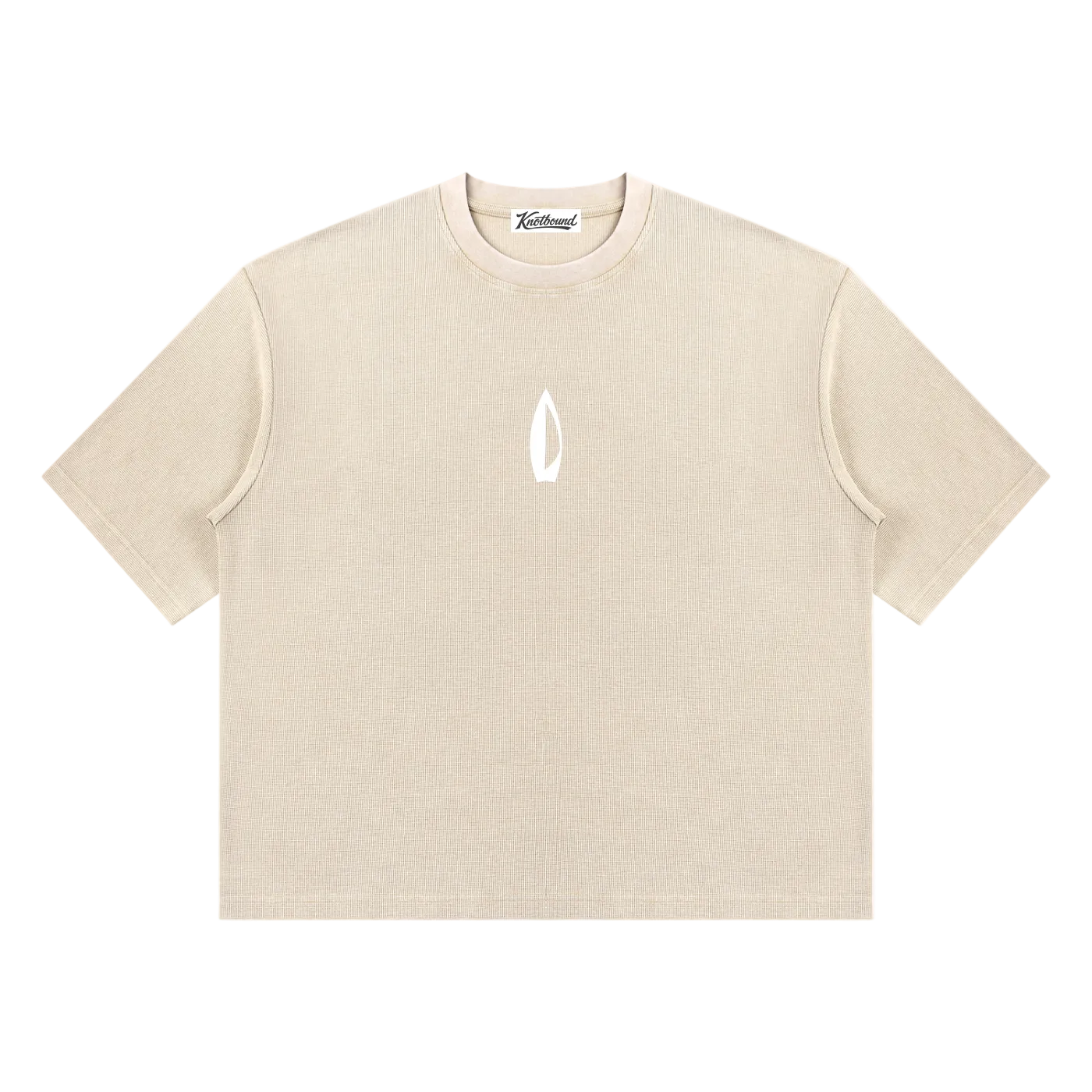 A beige short-sleeve crewneck t-shirt with a small white flame-like logo on the center chest, displayed flat against a solid white background.