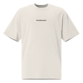 White t-shirt with a small logo on a white background