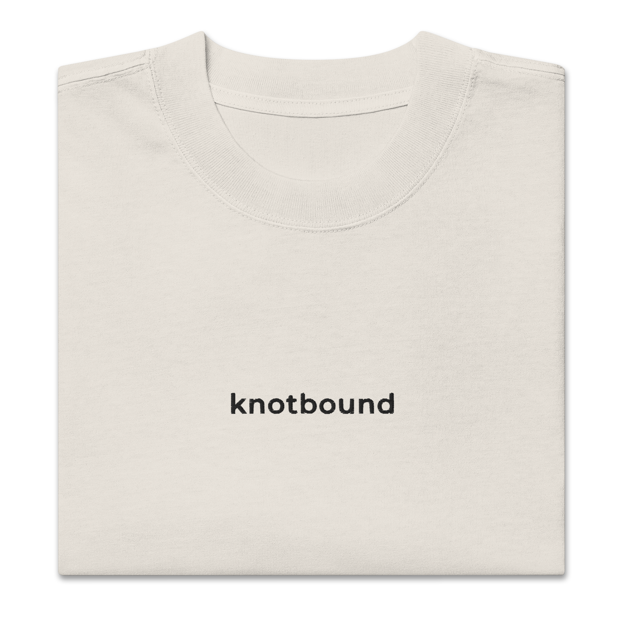 A folded off-white crewneck t-shirt with the word 'knotbound' printed in black lowercase sans-serif font on the chest, shown on a plain white background.