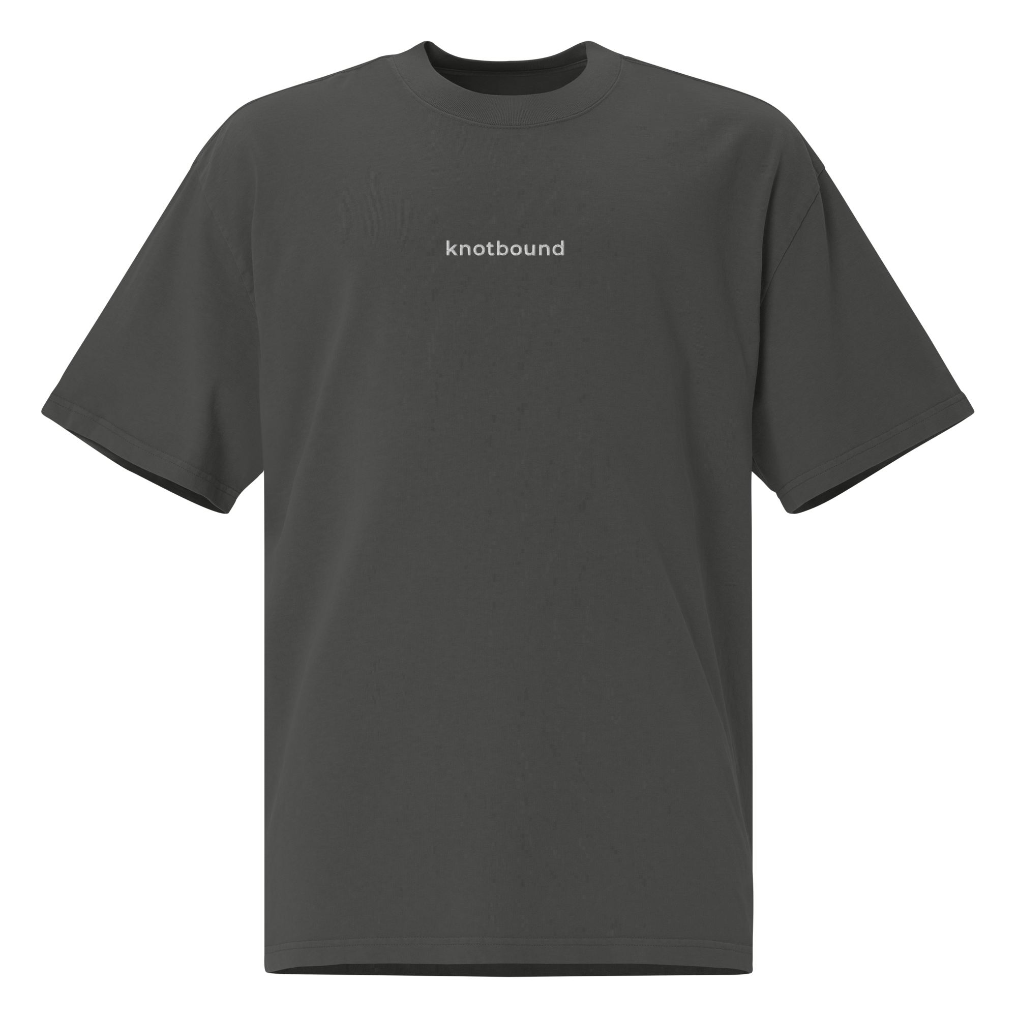 Front view of the Knotbound Staple Embroidered Tee in coal.