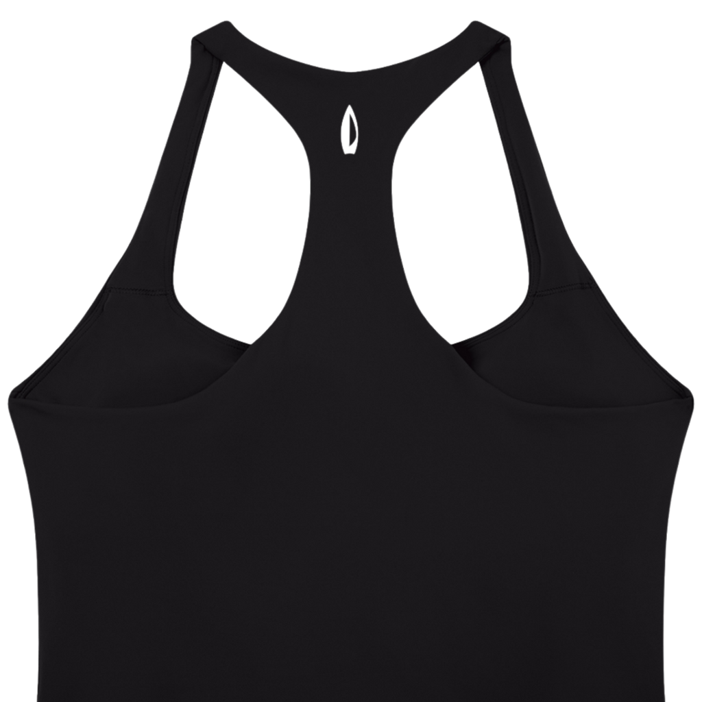 Close up of the yoga tank top fabric and neckline.